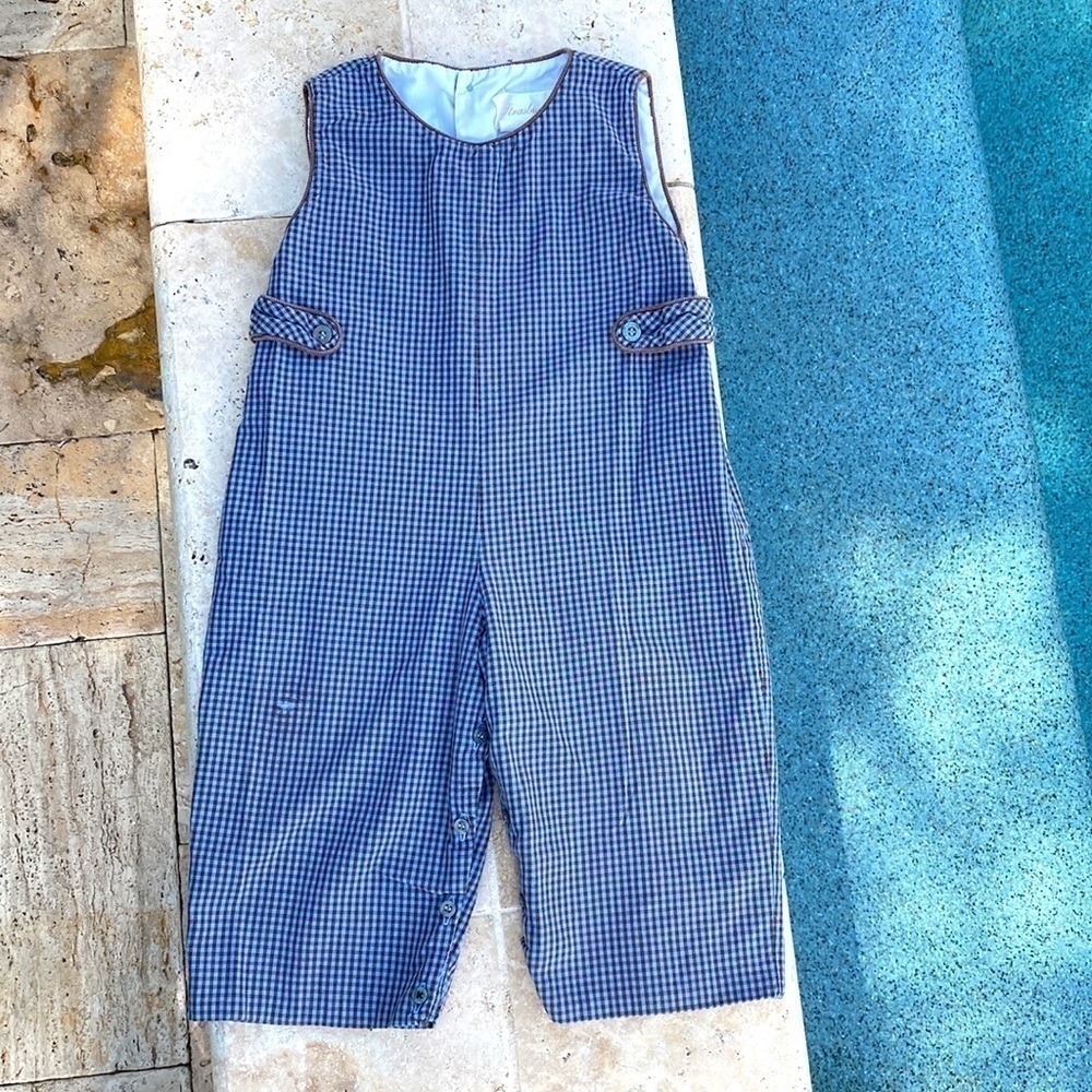 Strasburg 24M Longall One-Piece Romper Classic Blue & Brown Checked 100% Cotton